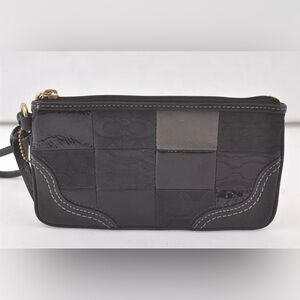 Coach Signature Hand Bag Pouch Purse Canvas Leather Black 8112K - Authentic